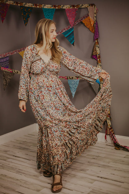 100% New Silk Long Sleeve Maxi Dress- Regular