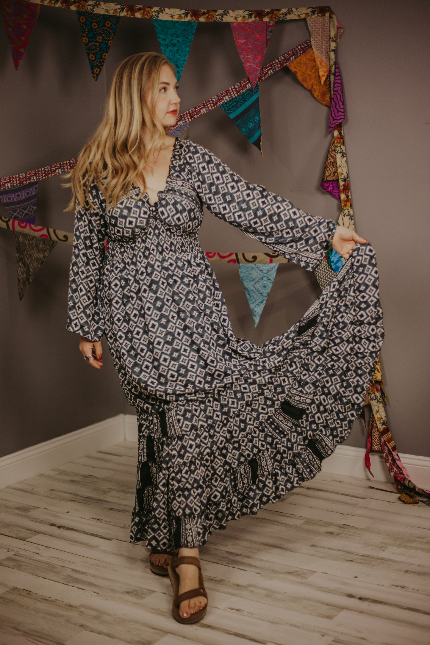 100% New Silk Long Sleeve Maxi Dress- Regular