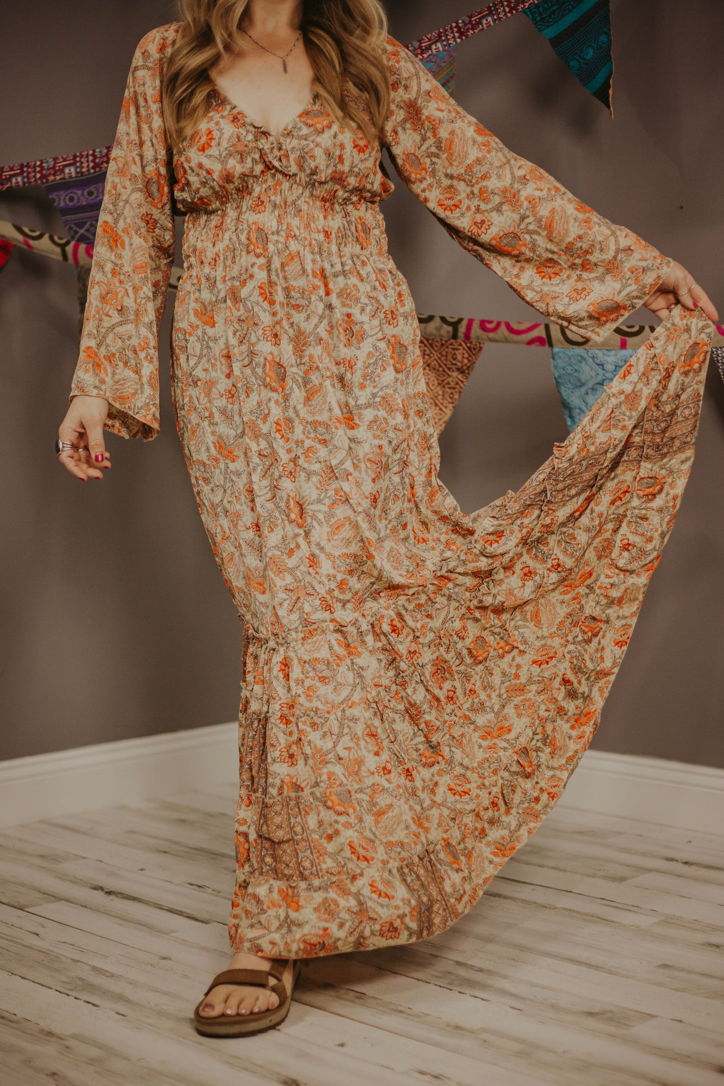 100% New Silk Long Sleeve Maxi Dress- Regular