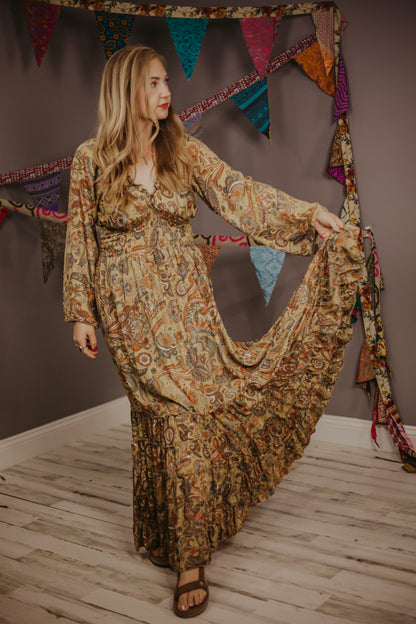 100% New Silk Long Sleeve Maxi Dress- Regular