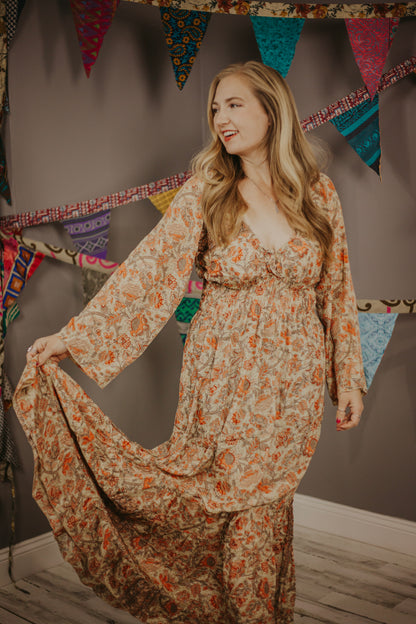 100% New Silk Long Sleeve Maxi Dress- Regular