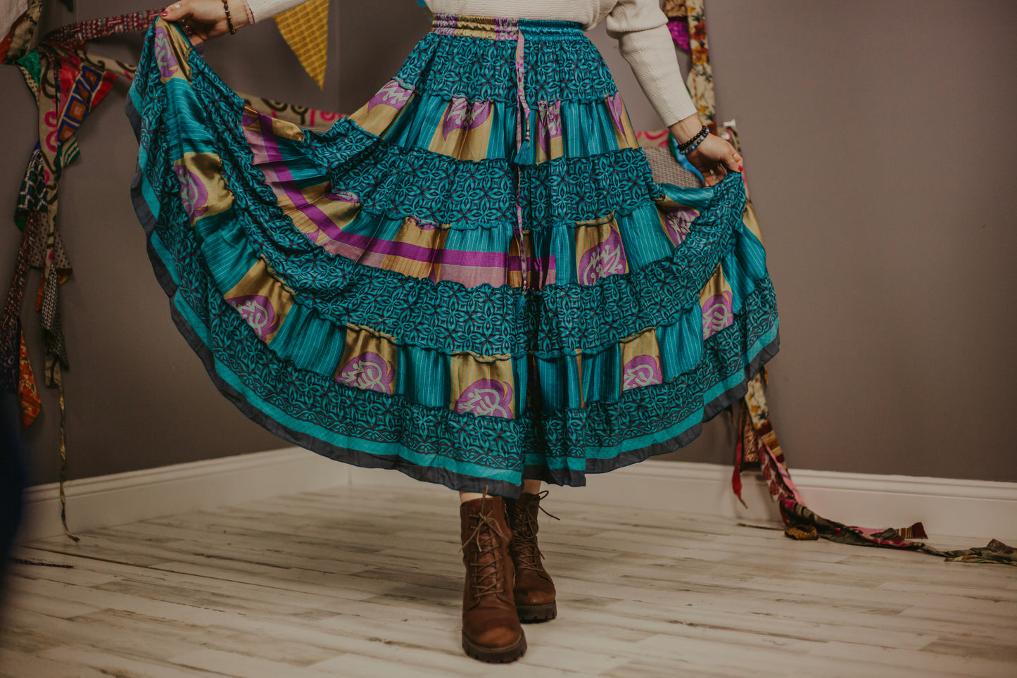 Up-Cycled Sari Elastic Band Tiered Skirt