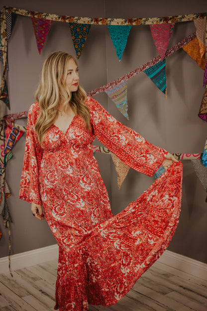 100% New Silk Long Sleeve Maxi Dress- Regular