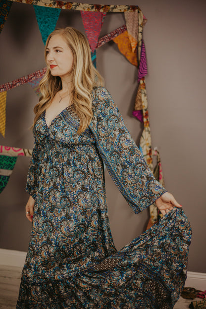 100% New Silk Long Sleeve Maxi Dress- Regular