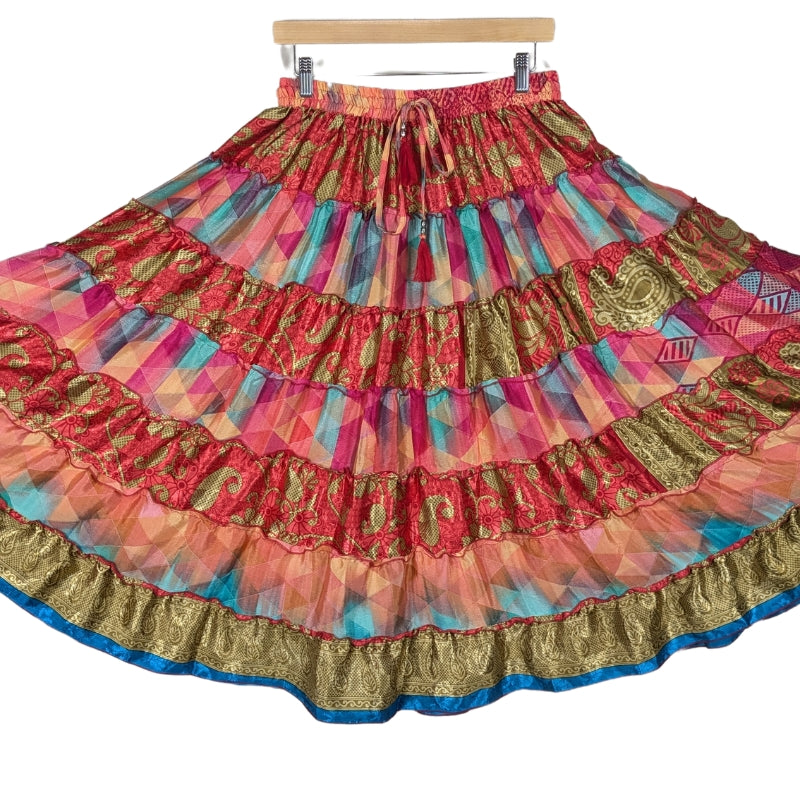 Up-Cycled Sari Elastic Band Tiered Skirt