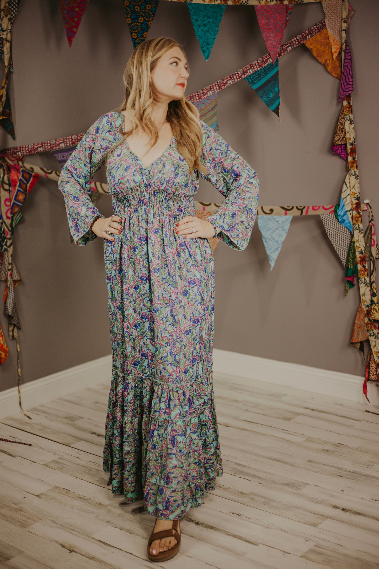 100% New Silk Long Sleeve Maxi Dress- Regular