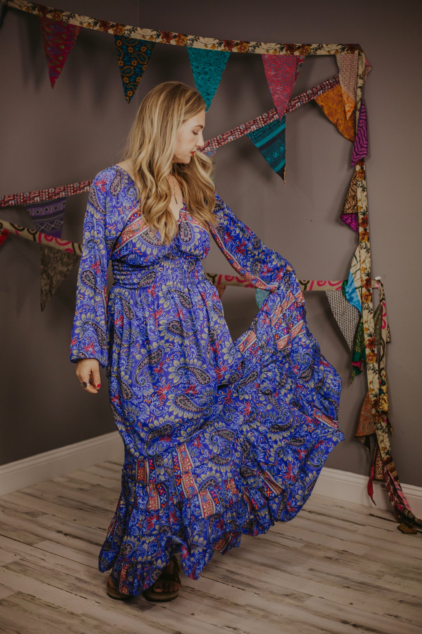 100% New Silk Long Sleeve Maxi Dress- Regular