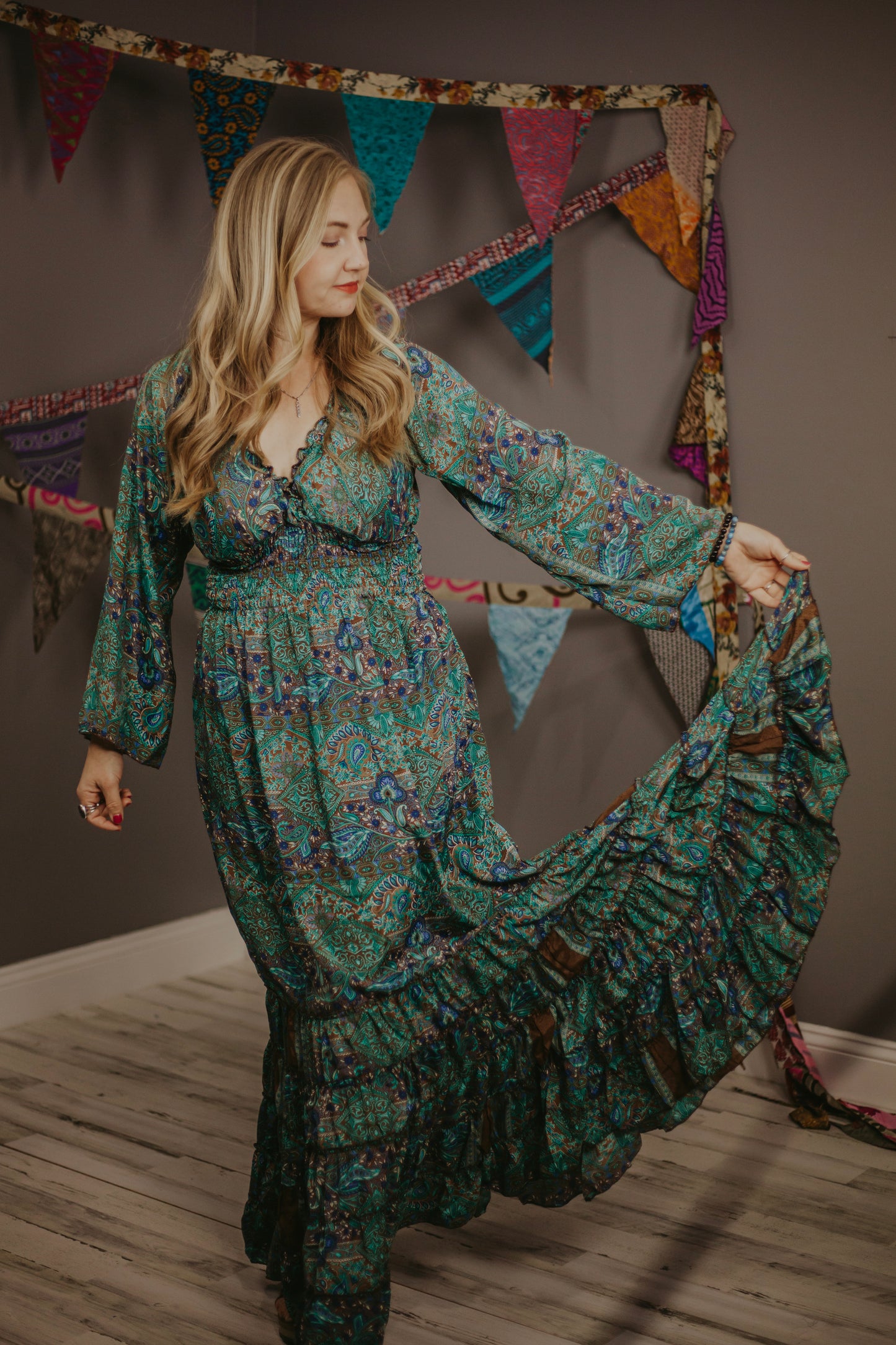 100% New Silk Long Sleeve Maxi Dress- Regular