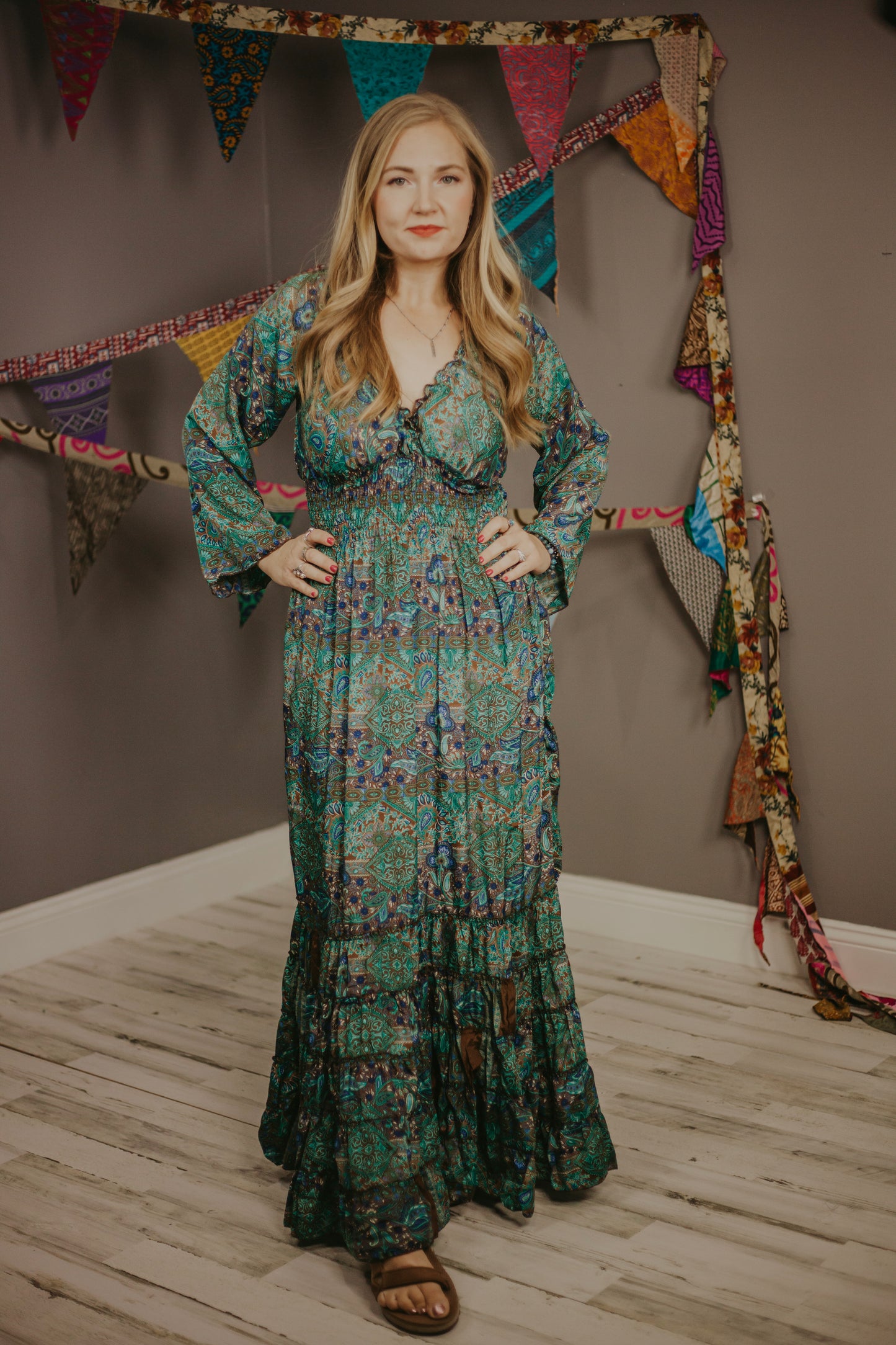 100% New Silk Long Sleeve Maxi Dress- Regular