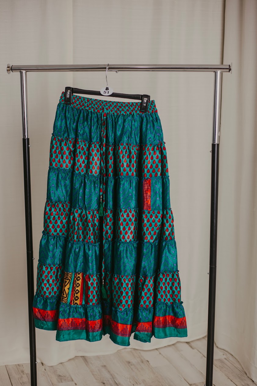 Up-Cycled Sari Elastic Band Tiered Skirt