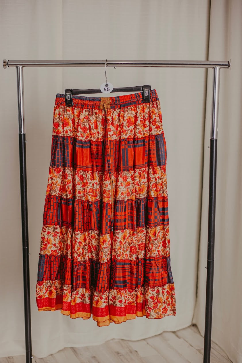 Up-Cycled Sari Elastic Band Tiered Skirt