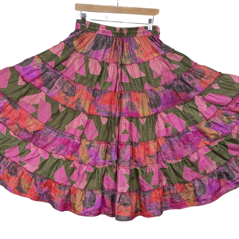 Up-Cycled Sari Elastic Band Tiered Skirt