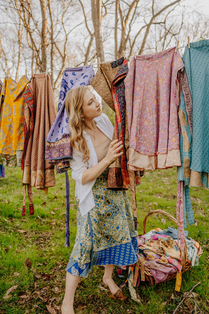 Regular/Tea Length Up-Cycled Reversible Sari Wrap Skirt #19