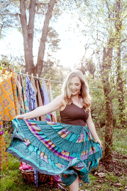 Up-Cycled Sari Elastic Band Tiered Skirt #81