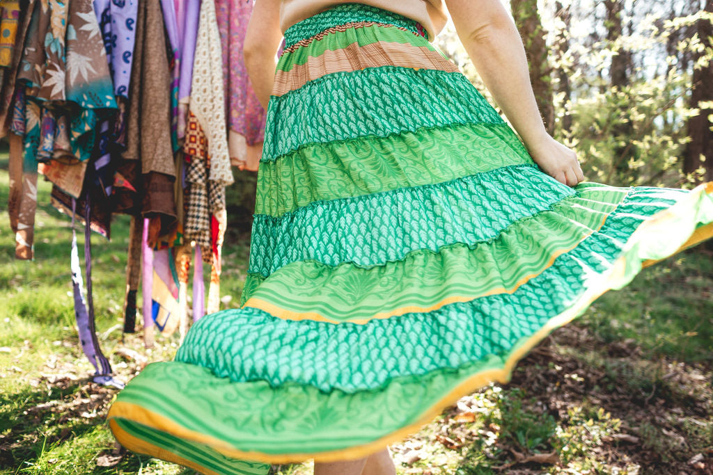 Up-Cycled Sari Elastic Band Tiered Skirt #81