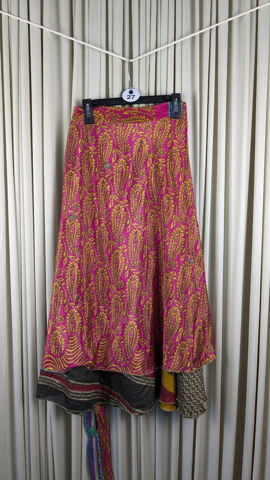 Regular Tea Length Up-Cycled Reversible Sari Wrap Skirt #27